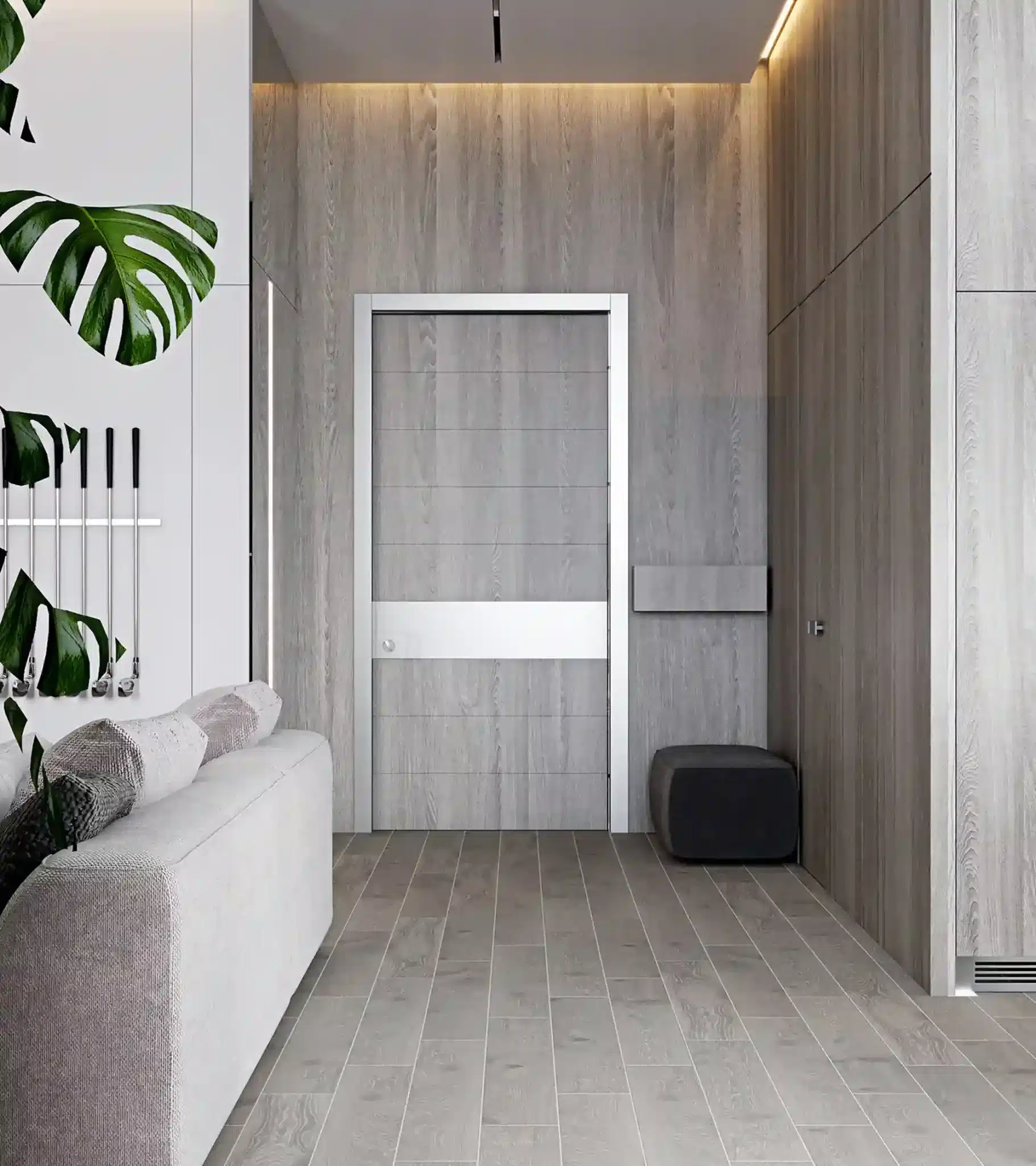 Pasillo minimalista con puerta blanco gris